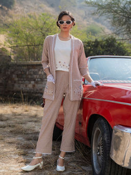 Yufta - Brown Weaved Cotton Checks Printed Embroidered Co-Ord (Set of 3)