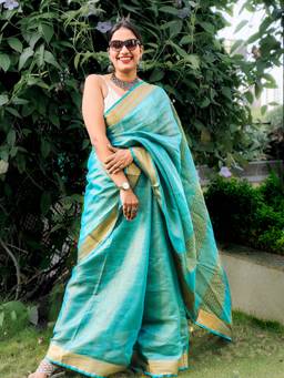 APAAPI THREADS OF GLORY - Blue Woven Zari Linen Saree with Unstitched Blouse