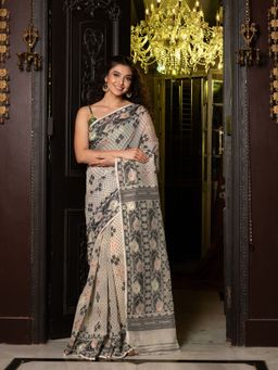 CHARUKRITI - Cream Silk Cotton Handwoven Jamdani Saree
