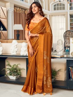 Akhilam - Women Silk Blend Mustard Embellished Celebrity Saree with Unstitched Blouse