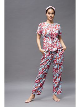 Miss Chase - Women Blue And Red Round Neck Short Sleeve Printed Regular Top & Pajama Set