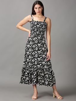 SHOWOFF - Womens Square Neck Midi Black Printed Dress