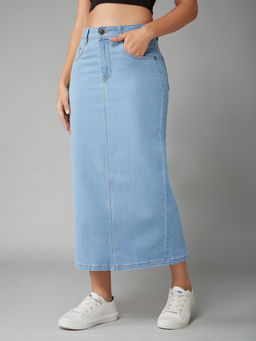DOLCE CRUDO - Women Light Blue Straight High Rise Midi Stretchable Denim Skirt