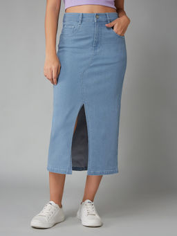 DOLCE CRUDO - Women Light Blue Straight Fit High Rise Stretchable Denim Midi Skirt