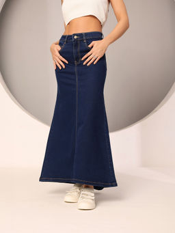 DOLCE CRUDO - Women Dark Blue Flared High-Rise Stretchable Denim Maxi Skirt