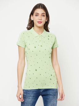 CRIMSOUNE CLUB - Women Green Floral Printed Polo Collar T-Shirt