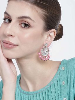 Estele - Rhodium Plated Splendid Drop Earrings with Pink Glowing Pearls for Girls/Women