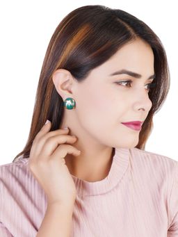 Estele - Gold Plated Round Shaped Pretty Stud Earrings with Green Enamel for Girls/Women