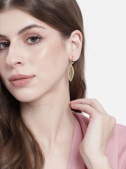 Estele - Gold Plated Leaf Shaped Textured Dangler Fish Hook Earrings for Girls and Women