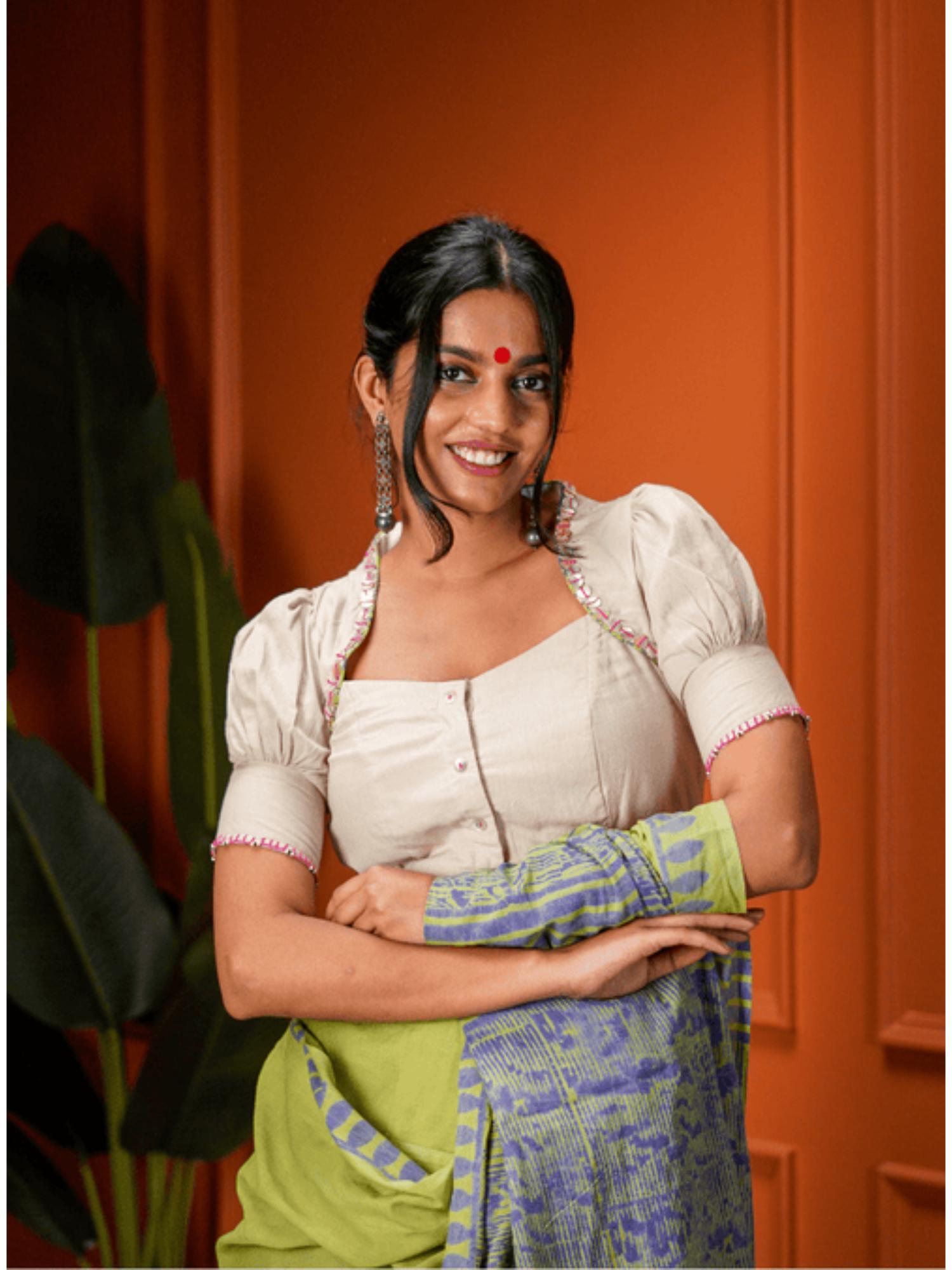 prathaa Beige Puff Sleeves Stitched Blouse-picture-10