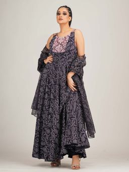 Shruti S - Navy Blue Hand Painted And Embroidered Anarkali (Set of 3)