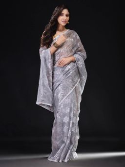 Beatitude - Silver Cotton Silk Woven Jacquard Jamdani Saree with Unstitched Blouse