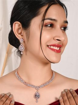 Ratnavali Jewels - American Diamond CZ Rose Gold Plated White Pendant Drop Necklace Set with Earrings
