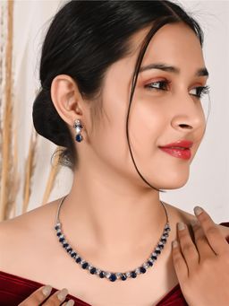 Ratnavali Jewels - American Diamond CZ Silver Plated Blue White Single Line Necklace Set with Earrings