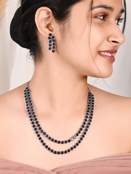 Ratnavali Jewels - American Diamond CZ Silver Plated Blue Double Line Necklace Set with Earrings