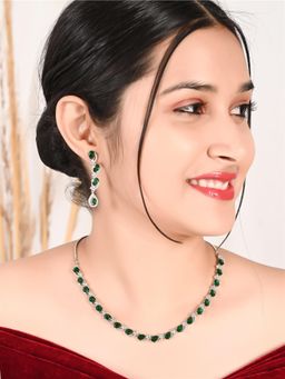 Ratnavali Jewels - American Diamond CZ Silver Plated Green Single Line Necklace Set with Earrings