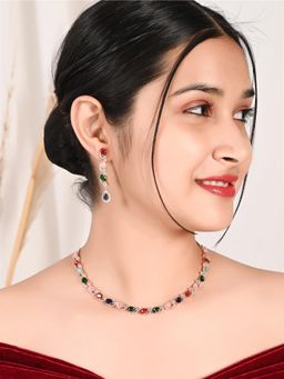 Ratnavali Jewels - American Diamond CZ Rose Gold Plated Single Line Necklace Set with Earrings