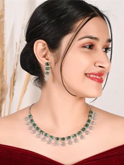 Ratnavali Jewels - American Diamond CZ Silver Plated Sea Green Necklace Set with Earrings