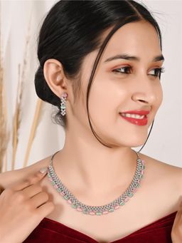 Ratnavali Jewels - American Diamond CZ Silver Plated Pink Mint Necklace Set with Earrings