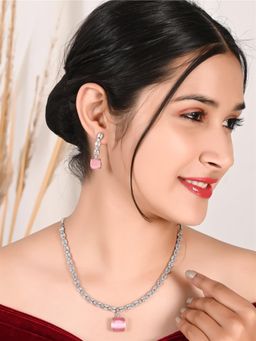 Ratnavali Jewels - American Diamond CZ Silver Plated Pink Drop Necklace Set with Earrings