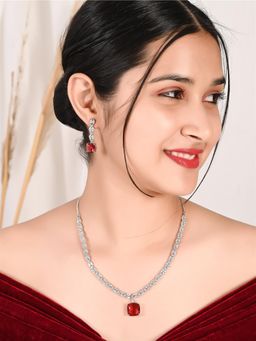Ratnavali Jewels - American Diamond CZ Silver Plated Red Drop Necklace Set with Earrings