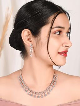 Ratnavali Jewels - American Diamond CZ Rose Gold Plated White Floral Necklace Set with Earrings