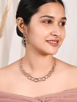 Ratnavali Jewels - American Diamond CZ Rose Gold Plated White Heart Necklace Set with Earrings