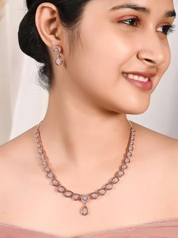 Ratnavali Jewels - American Diamond CZ Rose Gold Plated White Necklace Set with Earrings