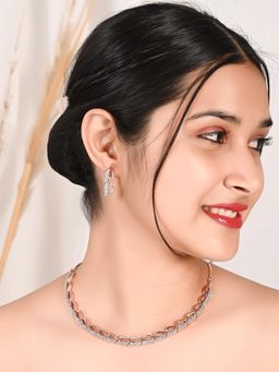 Ratnavali Jewels - American Diamond CZ Rose Gold Plated White Solid Style Necklace Set with Earrings