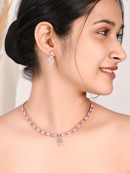 Ratnavali Jewels - American Diamond CZ Rose Gold Plated Pink Drop Necklace Set with Earrings