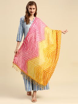 Dupatta Bazaar - Womens Yellow & Pink Leharia Printed Art Silk Crushed Dupatta