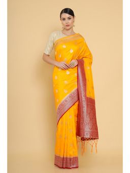 Soch - Mustard Tussar Silk Saree and Woven Zari Designs with Unstitched Blouse