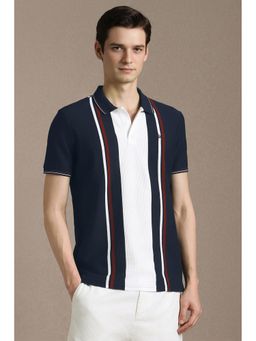 Louis Philippe - Men Navy Stripe Polo T-Shirt