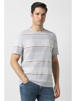 Peter England - Men Grey Stripe Round Crew Neck T-Shirt