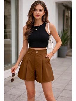 KOTTY - Women Brown High-Rise Pleated Tailored Shorts