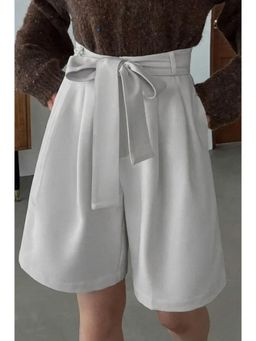 KOTTY - Women Grey High-Rise Belted Pleated Tailored Shorts