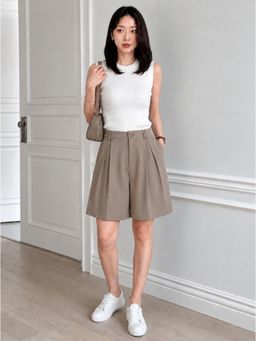 KOTTY - Women Beige High-Rise Pleated A-Line Shorts