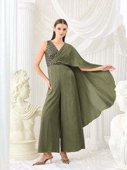 Miss Chase - Luxe Women Embellished Satin Jumpsuit In Pale Olive with Draped Pleats