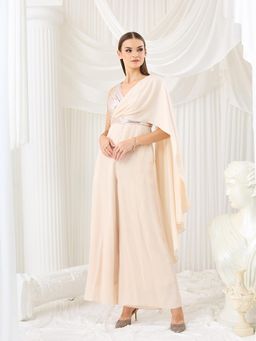 Miss Chase - Luxe Women Ivory V-Neck Jumpsuit In Embellished Pleated Satin