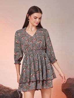 Miss Chase - Women Grey Floral Layered Georgette Playsuit