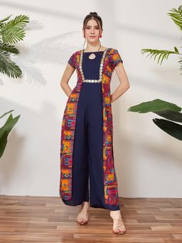 Miss Chase - Women Navy Blue Bohemian Panelled Regular Jumpsuit