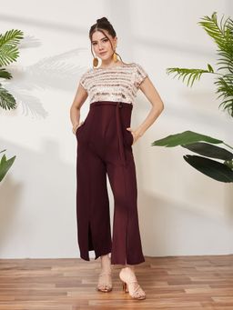 Miss Chase - Women Beige Embellished Fringed Jumpsuit