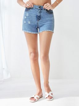 Miss Chase - Women Light Blue Distressed Denim Shorts