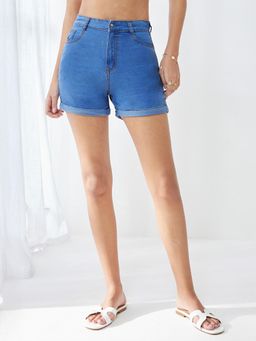 Miss Chase - Women Blue Relaxed Fit Clean Look Mid Rise Denim Shorts