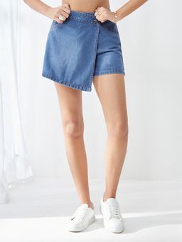 Miss Chase - Women Blue Regular High Rise Clean Look Regular Denim Skorts