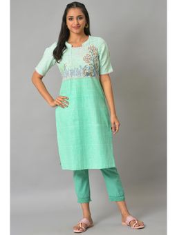 Aurelia - Green Floral Band Collar Summer Kurta