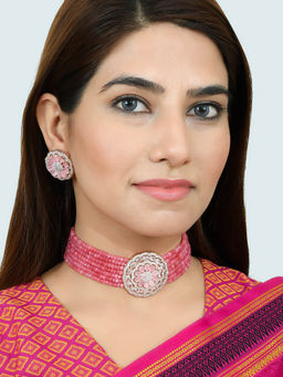 Silvermerc Designs - Gold Plated Pink & White Cz Studded Choker Jewelry Set ( Set of 2)