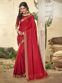 Odette - Red Vichitra Solid Pattern Saree with Unstitched Blouse