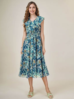 MOJILAA - Womens Teal Georgette Floral Printed Flared Dress with Belt (Set of 2)