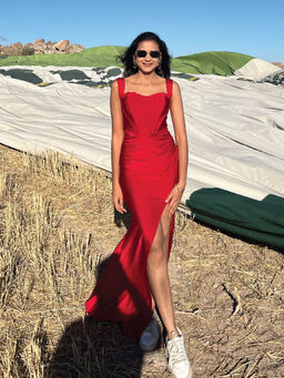 B'Infinite - Vermilion Veil Off-Shoulder Slit Evening Red Gown